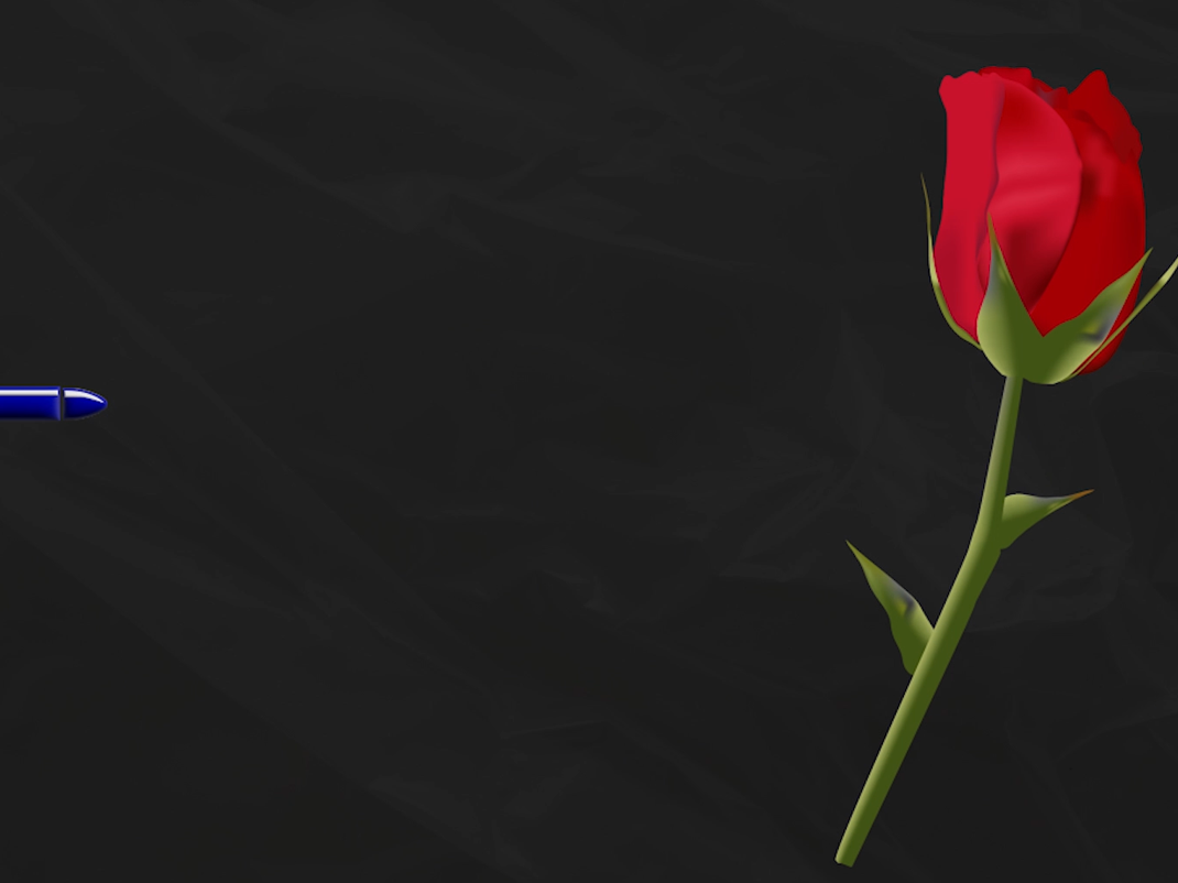 This is a screenshot from the title sequence. The Screenshot has a blue bullet, a red rose with green stem, and a faint plastic bag as the background. The background is black.