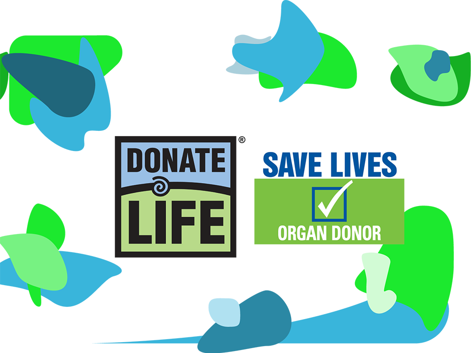 This is a screenshot of the last scene in my YouTube video about Donate Life. It has the Donate Life logo (on the left) and Save Live check box (on the right). There are light blue, dark blue, lime green, and light muted green, shapes throughout the background.