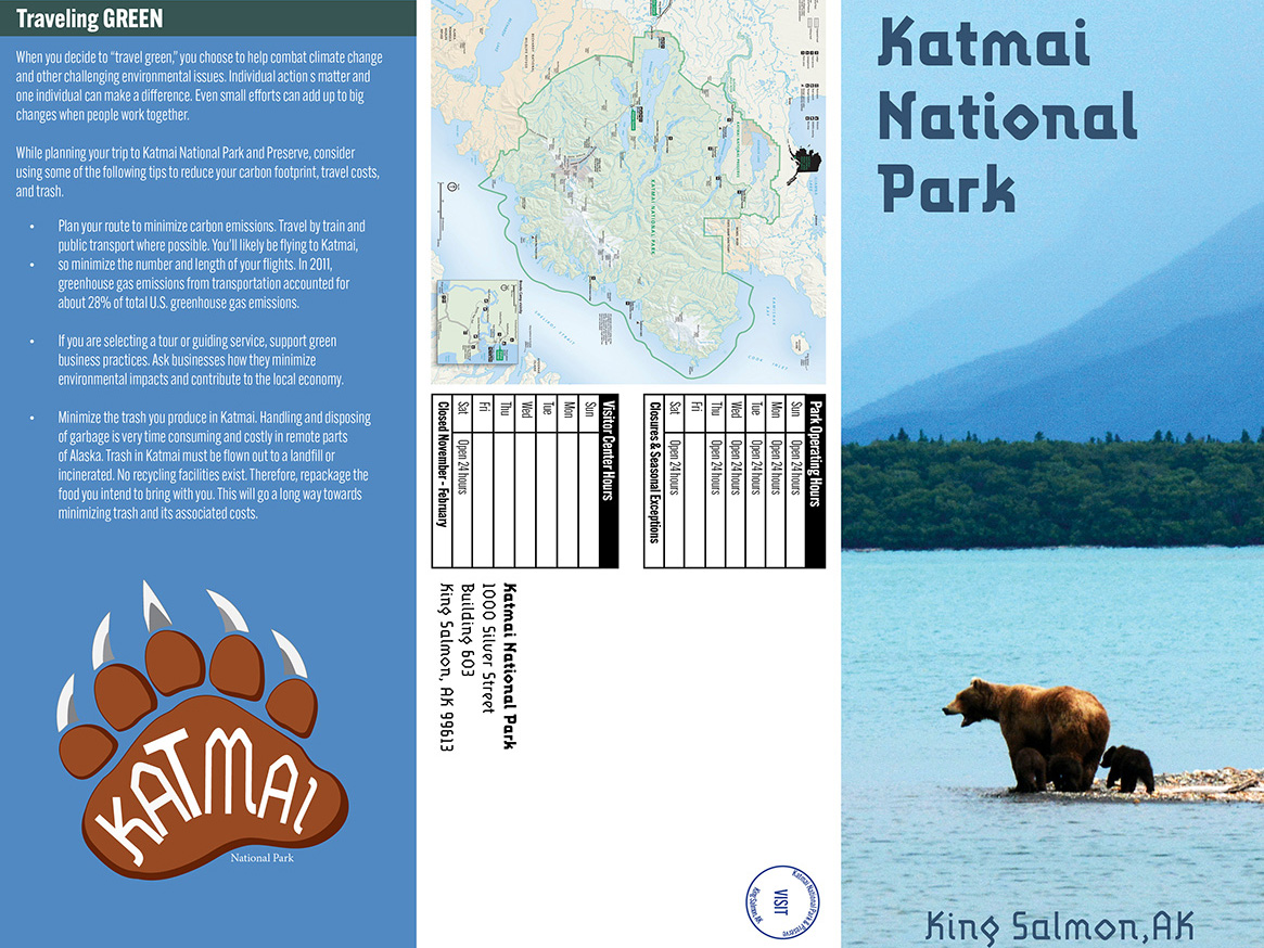 For this project, I had to design and create a logo, and brochure, for a national park. The national park that I choose we Katmai National Park, which is in King Salmon, AK. After researching the park, I found out that this park was known for all the wild bears that lived and roamed in the park, so I decided to base my logo around them. I created different mockups with different fonts, and illustration, to determine which logo I would use. Once the black and white logos where created, I added color to make to logo standout. 
