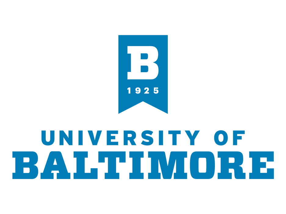 This is a University of Baltimore logo. It had a white B in a blue flag, with the year 1925 at the bottom of the flag, top. Underneath that, the is the words University ,top, and Baltimore, bottom.